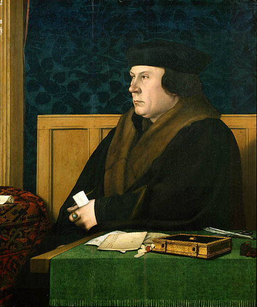 Holbein portrait of Thomas Cromwell, a pale-faced man with small eyes looking to the left, with a black hat with earflaps and a fur robe, holding a document in his hand, with a gold ring with a green gem on his pointer finger.