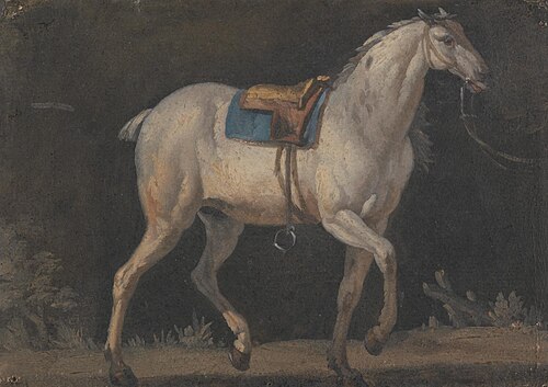 Nineteenth-century painting of grey horse by Jacques-Laurent Agasse, trotting towards the right, with a small leather saddle over a blue blanket